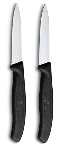 Victorinox Swiss Classic Cuchillo para frutas y verduras, extra afilada, filo recto y dentado, acero inoxidable, Negro