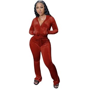 yidengymx Womens 2 Piece Velour Tracksuit Two Piece Outfits for Women Long Sleeve Zip Up Crop Tops Sweatpants Sets Pockets Hoodie/Wide Leg Pants-brick Red XX-Large