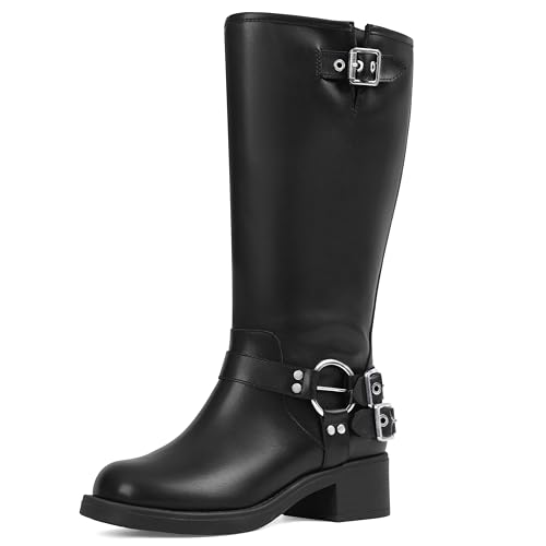 AMINUGAL Black Wide Calf Knee High Boots for Women Square Toe Pull On Chunky Buckle Moto Boots Rivet Vintage Y2K Motorcycle Horse Riding Biker Casual Fashion Festival Renaissance Combat Rave Size 6