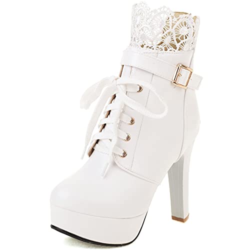 Gicoiz Womens Winter Lace Up High Heeled Biker Boots Buckle