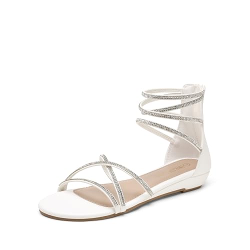 DREAM PAIRS Women's Ankle Strap Flat Sandals Summer Dressy Strappy Gladiator Rhinestones Sandals 6.5 White
