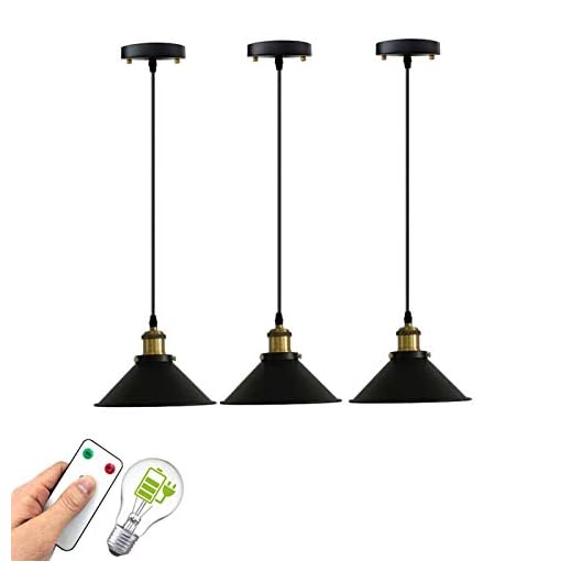civaza Pendant Lights 3 Pack,Battery Operated Pendant Lights with Remote,Kitchen Lights Ceiling Hanging Over Island,400 Lumens Self-Chargable Light Bulbs Included (Color : Black)