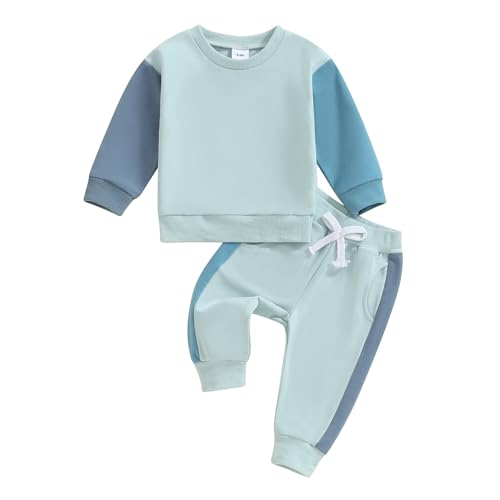 Image of Toddler Baby Boy Clothes Color Block Fall Winter Outfit Long Sleeve Round Neck Sweatshirt and Pants Infant Set