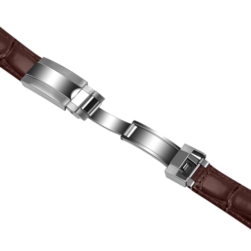 SINAIKE 20mm Genuine Leather Watch Bands for Men Women Luxury Alligator Grain Embossed Band with Oyster Style Diving Deployment Buckle Brown by SINAIKE - Image 4