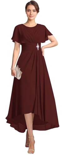 Tea Length Mother of The Bride Dresses for Wedding Pleated Chiffon Short Sleeve High Low Formal Wedding Guest Dresses