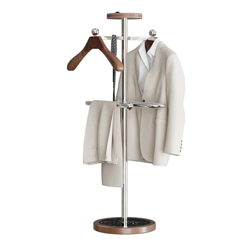 MLAVUDM Suit Valet Stand with Marble Base, Freestanding Menâ€™s Clothing Organizer with 2 Wooden Hangers, Storage Tray, Stainless Steel Frame, for Bedroom, Office, Entryway (12.6\" x 54.3\")