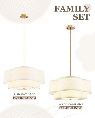 Image of 18 inch Chandelier, 3-Light Gold Pendant Light Fixtures with Dual Layer Linen Shade in Quatrefoil Shape, Double Drum Chandeliers for Dining Room Kitchen Living Room Bedroom, AD-22007-3P-GD-B