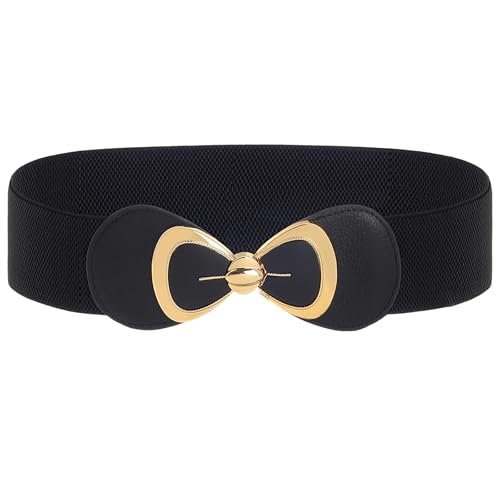 Women's Elastic Stretch Belt, Black with Gold Bow Buckle, Wide Waist Cinch Belt for Dresses