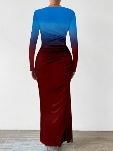 Image of MARZXIN Women Long Sleeve Maxi Dress Bodycon Ruched Formal Slim Fit Tie Dye Dress Formal Mesh Dress