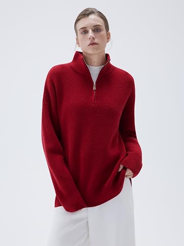 Image of SUUKSESS Women Cashmere Blend Oversized Quarter Zip Pullover Sweater Long Sleeve Collared Ribbed Knit Jumper Tops