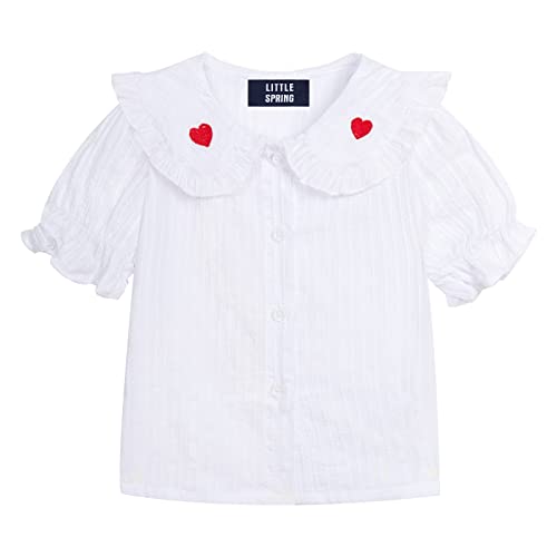 Image of LittleSpring Girls Short Sleeve Peter Pan Blouse with Elastic Cuffs