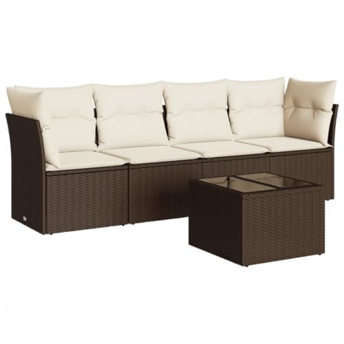 vidaXL Garten Sofa Garnitur 5-TLG., Gartenmöbel Set mit Kissen, Sitzgruppe für Garten Terrasse, Modular Gartensofa Lounge, Tisch mit Glasplatte, Braun Poly Rattan