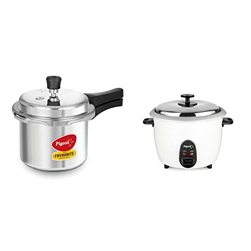 Image of Pigeon by Stovekraft Favourite Outer Lid Non Induction Aluminium Pressure Cooker, 3 Litres, Silver and Stovekraft Joy Rice Cooker with Single Pot, 1.8 litres (White)