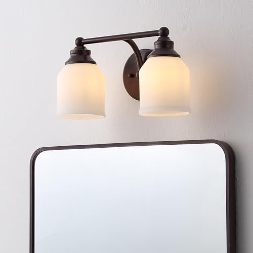 Image of JONATHAN Y 14 inch Oil Rubbed Bronze /White Modern Farmhouse LED Vanity Light Wall Sconce Fixture, Frosted White Glass Shade, Dimmable Wall Lamp for Bathroom Mirror Kitchen Sink, UL Listed (JYL7550C)