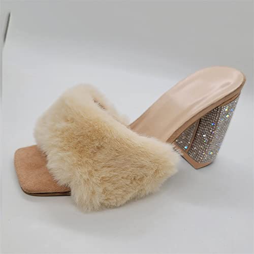 Slippers Womens Slip on Fluffy Slippers Chunky Heel Platform Slippers Rhinestone Open Toe Sandals Shoes (Color : Beige, Size : 12 US)4