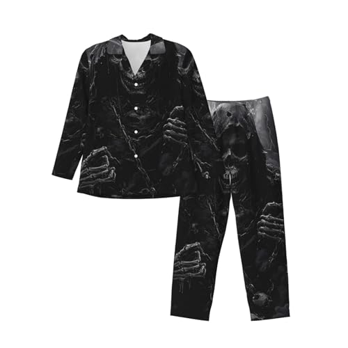 Grim Reaper With Lightning Mens Pajamas Set Button Down Sleepwear Set Long Sleeve Loungewear With Pockets3