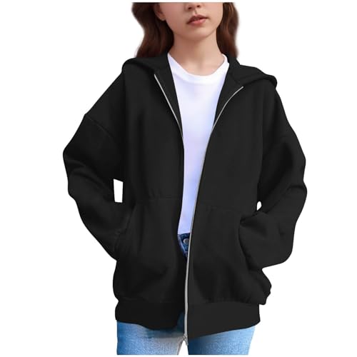 Zip Up Hoodies for Girls Cute Trendy Cat Hooded Jackets Kids Plain Long Sleeve Fall Winter Athletic Sweatshirts