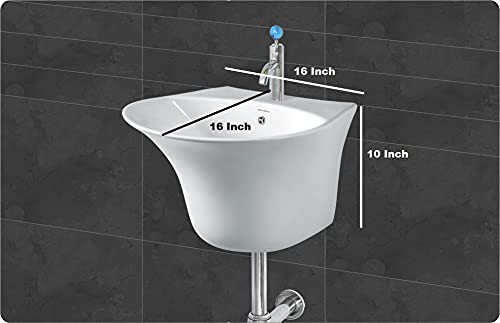 Image of Wash Basin Wall Hung Mounted Glossy Finish White Sink for Bathroom (16 x 16 x 10 Inch)