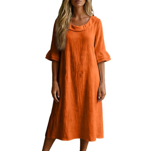 Robe longue en lin premium pour femme avec manches 3/4 et finitions soignées couleur unie