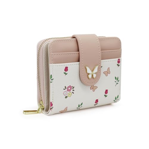 Wallet for Women, Compact PU Leather Wallet Cute Butterfly Snap Card Holder with Front Pocket and Zipper Pocket (Pink)