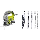 RYOBI - Scie Sauteuse Pendulaire 220V, 500W, 3000cps/min, Inclinaison 0 à 45 ° Droit et Gauche & Lot de 5 Lames de Coupe pour Scie Sauteuse - 1 Lame Baïonnette Bois/Plastique Flushcut