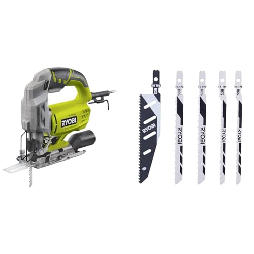 RYOBI - Scie Sauteuse Pendulaire 220V, 500W, 3000cps/min, Inclinaison 0 à 45 ° Droit et Gauche & Lot de 5 Lames de Coupe pour Scie Sauteuse - 1 Lame Baïonnette Bois/Plastique Flushcut