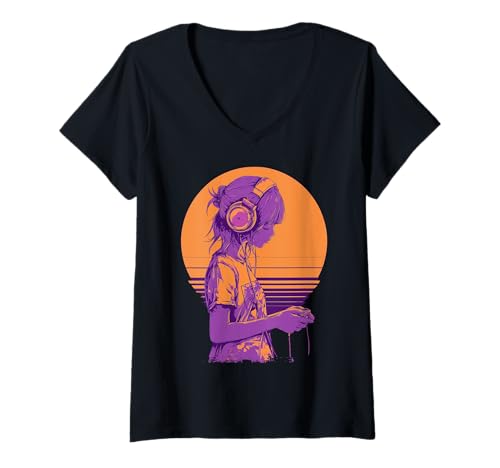 Womens Retro Anime Gamer Girl V-Neck T-Shirt