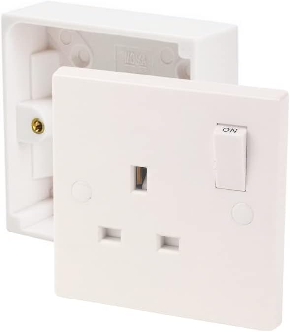 Axiom 13A Single One Gang Switched Socket & Premium Single Surface Mount 25mm Pattress Box 1 Gang Set Electrical Switch - Concealing Screw Caps Included