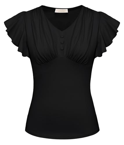 Belle Poque Womens Summer Short Sleeve Tops Ruched Ruffle Blouse Vintage Rockabilly Tops Black M