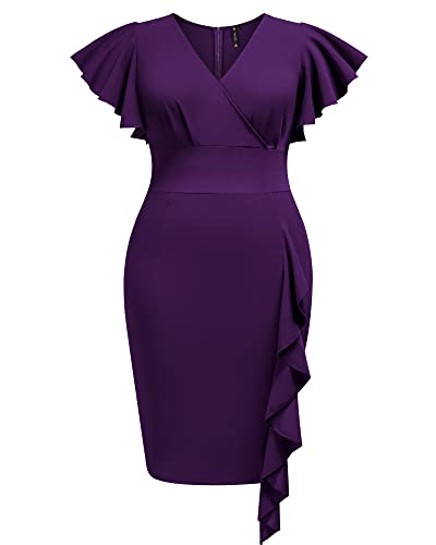 Image of Miusol Women's Plus Size Vintage V Neck Ruffles Sleeve Bodycon Business Cocktail Party Pencil Dress
