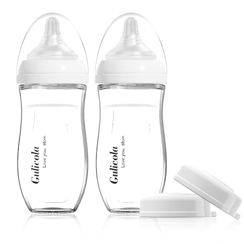 Image of Gulicola Natural Glass Baby Bottle for Breastfed Babies, Anti-Colic Baby Bottle Set with Medium Flow Nipple, 3 Months +, 8 oz, 2 Pack - White