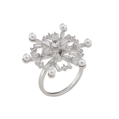 Spinner CZ Pearl Snowflake Fidget Statement Ring for Women - Dainty Crystal Winter Flower Rotated Relief Anxiety Finger Band Adjustable Open Wedding Engagement Promise Rings Delicate Christmas Jewelry