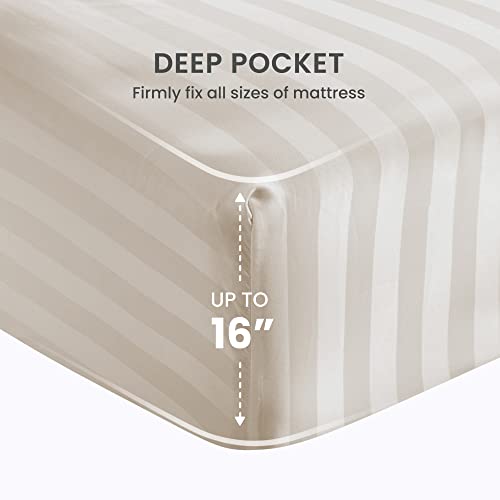 SLEEP ZONE Striped Cooling Sheets Set Full Size - Fitted Flat Sheet & Pillowcase Sets 4 Piece - Super Soft Stripe Bed Sheet, Easy Care, Deep Pocket (Beige, Full)