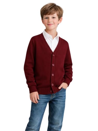 HILEELANG Kids Boy Girl School Uniform Cardigan Sweaters Wine Red V-Neck Basic Solid Button Knitted Cardigan Size 7