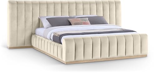 Image of Meridian Furniture AmaraCream-K133 Collection Modern | Contemporary King Bed, Ultra Luxe Cream 460 GSM Velvet, Natural Finish, Solid Wood Base and Inner Frame, 133 inch W x 99 inch D x 51 inch H, Cream, King