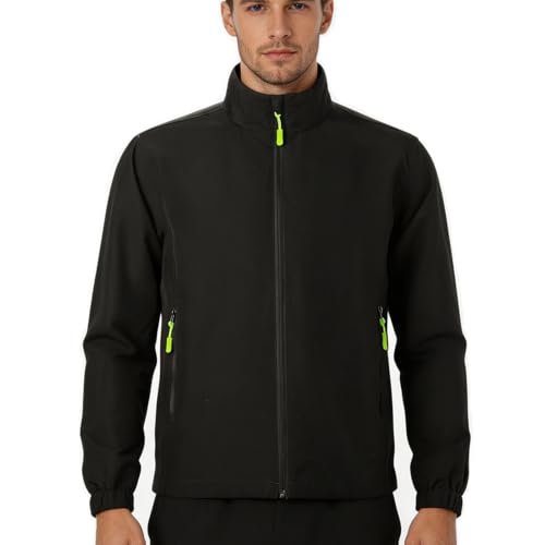 Image of SCCGKP Men's Track Jackets Full Lightweight Zip Water Resistant Running Athletic Golf Jacket Casual Outwear (UK, Alpha, M, Regular, Regular, Black)