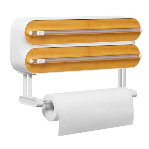 Quasziwa Distributeur Papier Aluminium et Film avec Port Essuie Tout - Magnétique et Murale Sans Percer, Derouleur Film Alimentaire avec Coupeur Pour Cuisine...