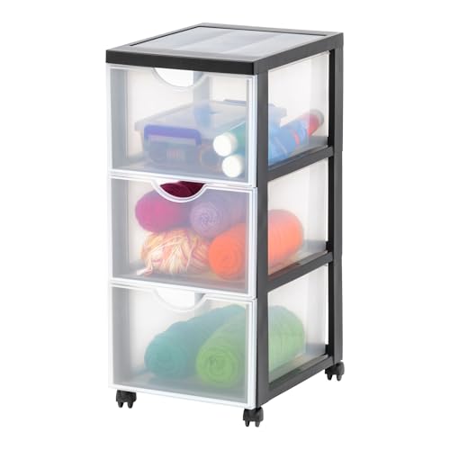 Iris Ohyama, Tour de rangement à Roulettes en Plastique, 3 Grands Tiroirs, Noir, Ouverture Facile, Meuble de Rangement, Papeterie, pour Chambre, Salle de Bain, École &...