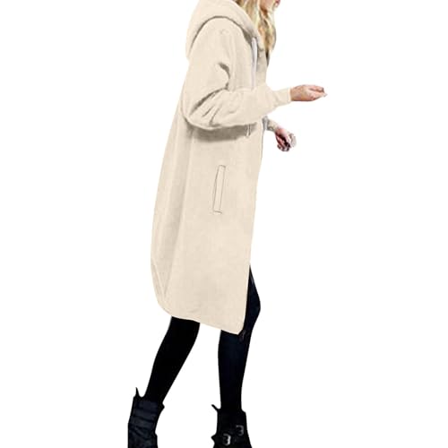 Generisch Winterjacke Damen Lang Sweatjacke mit Kapuze Casual Einfarbig Hoodie Herbst Winter Übergangsjacke Zipper Kapuzenjacke mit Taschen Locker Kapuzenpullover Leichte Jacke Mantel