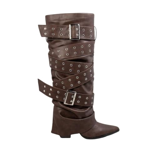 Goolita Fold Over Boots For Women, Pointed Toe Chunky Heel Slouchy Knee High Boots Denim Zipper Buckle Dress Tall Boots2