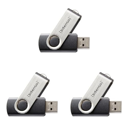 Intenso Basic Line - Memoria USB 2.0 de 64 GB (28 MB/s), Color Negro y Plateado (Paquete de 3)