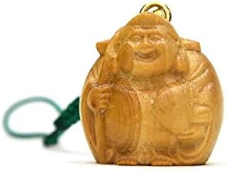 [海宇工芸 kaiu art] 木彫り柘植根付・携帯ストラップ 開運・招福 【恵比須（えびす）】 鈴付 高さ2.5cm