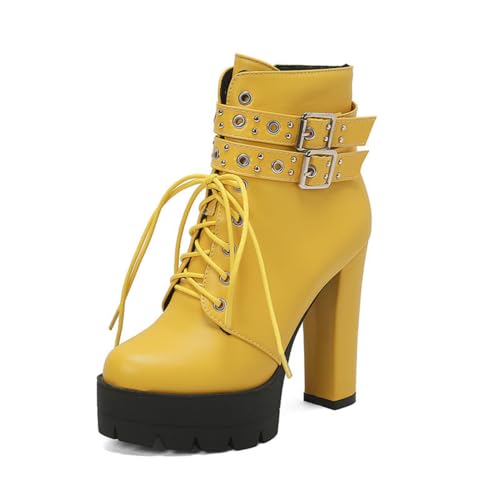 Women's Chunky Heel Ankle Boots Lace Up Platform Punk Goth Combat Booties with Side Zipper Buckle High Heel Waterproof Fashion Shoes
