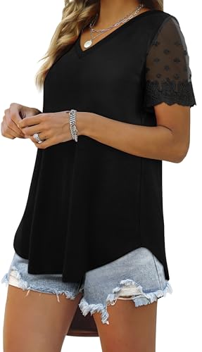 OFEEFAN Casual V Neck T Shirts for Women Lace Short Sleeve Curved Hem Tops Loose Fit2