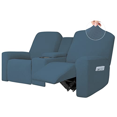 Image of Easy-Going 1 Piece Reclining Loveseat with Middle Console Slipcover | Stretch 2 Seater Loveseat Recliner Cover with Holder and Storage, Recliner Couch Sofa Cover, Furniture Protector Bluestone
