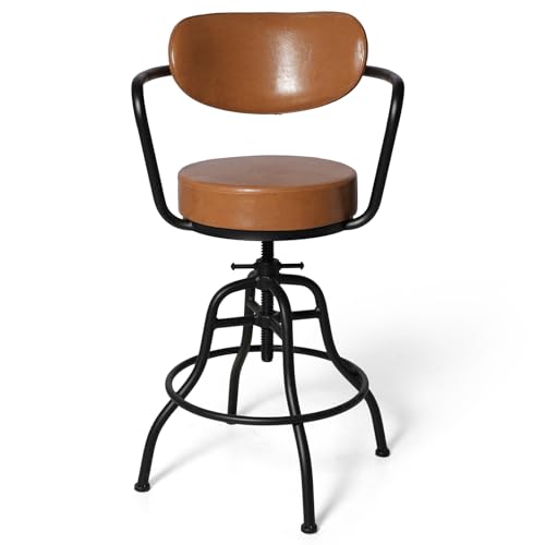 Butaco industrial moderno con respaldo, reposabrazos y reposapiés: asiento giratorio flexible y altura ajustable de 21,7" a 25,6" - cojín suave y cuero liso - elegante color marrón con estructura metálica miniatura 4