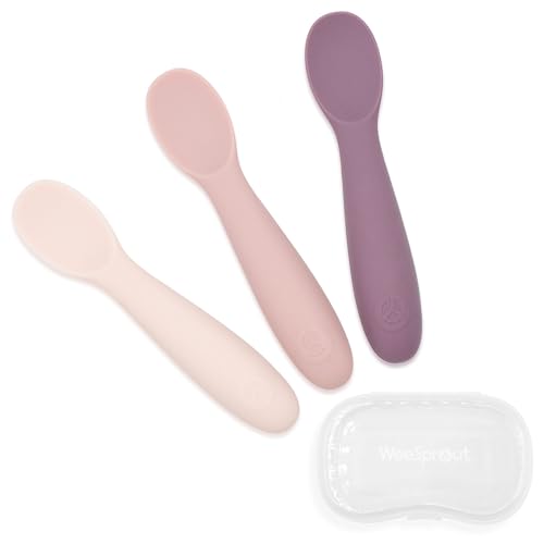 Image of WeeSprout Baby Spoons for Self Feeding 6 Months +, Soft & Durable Silicone Utensils for Sensitive Gums & Teeth, Easy Grip Handles & Shorter Length for Little Hands, 3 Pack + Carrying Case