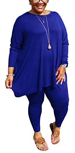 Plus Size 2 Piece Outfits for Women Tracksuit Long Sleeve Tunic Tops Bodycon Long Pants Loungwear Set