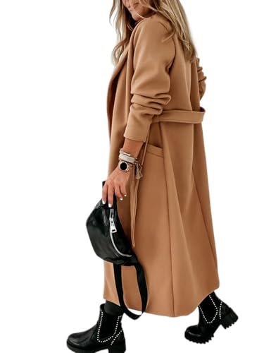 Image of Ladiyo Womens Classic Coat Lapel Collar Open Front Belted Long Jacket