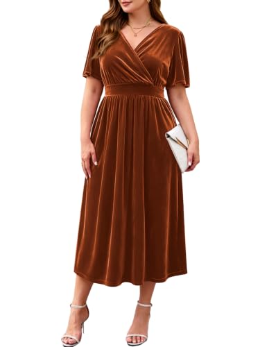 Image of BELAROI Velvet Dress Cocktail Party Plus Size Fall Midi Dresses with Pockets Wrap V Neck Empire Waist Short Sleeve L-4XL